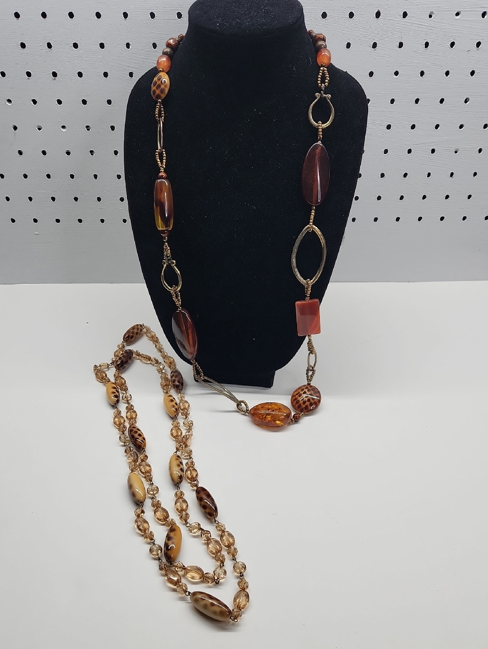 Fashion Beaded Long Layered Necklace Set - Brown & Amber Tones